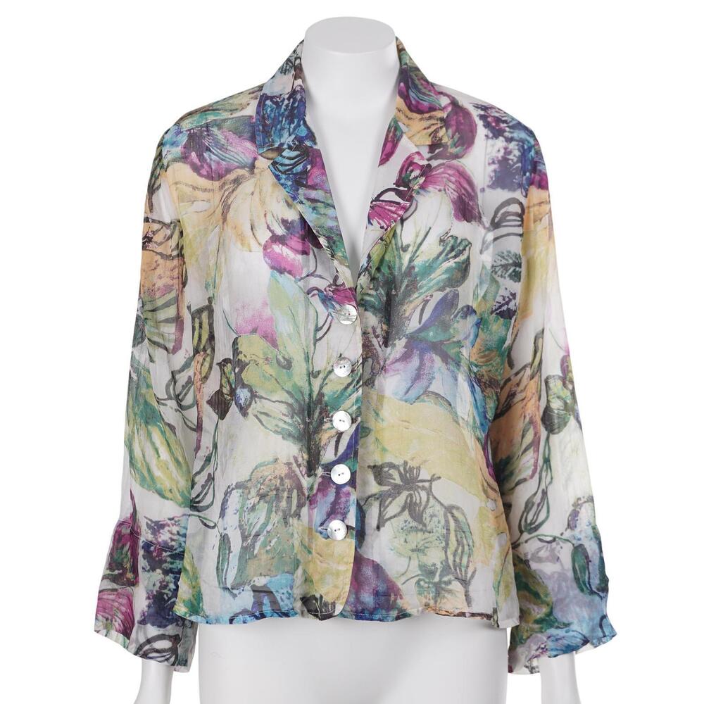 Chico's Top 1/M Floral Print Silk Sheer Flowy Lightweight Button Up